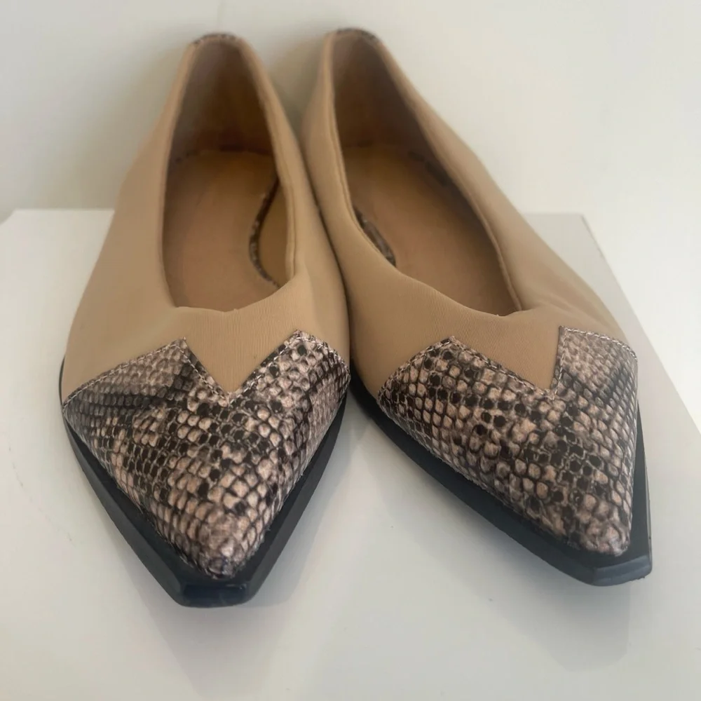 ASOS DESIGN Wide Fit Legend pointed toe cap ballet flats in beige snake